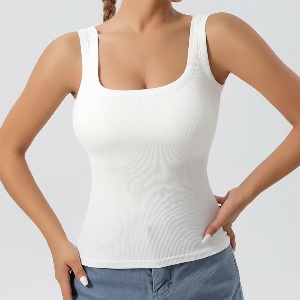 Women's White Ribbed Square Neck Built in Bra Tank Top Basic Stretch